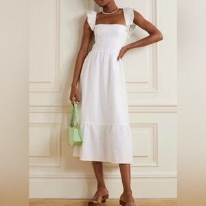 Reformation Lucila White Smocked Ruffled Linen-voile Midi Dress Size 4